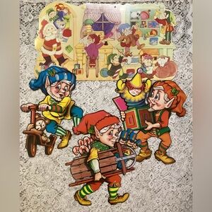 Vintage Eureka Die Cut Festive Cardboard Elf Wall Window Decor Set of Four USA